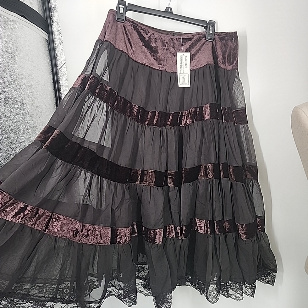 New Size Large Tiered Skirt Fairy Whimsy Goth Lined Side Zip Brown Midi Aziz